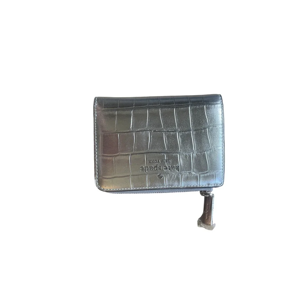 Madison Kate Spade Metallic Silver Croc Embossed Leather Bifold Wallet L-Zip